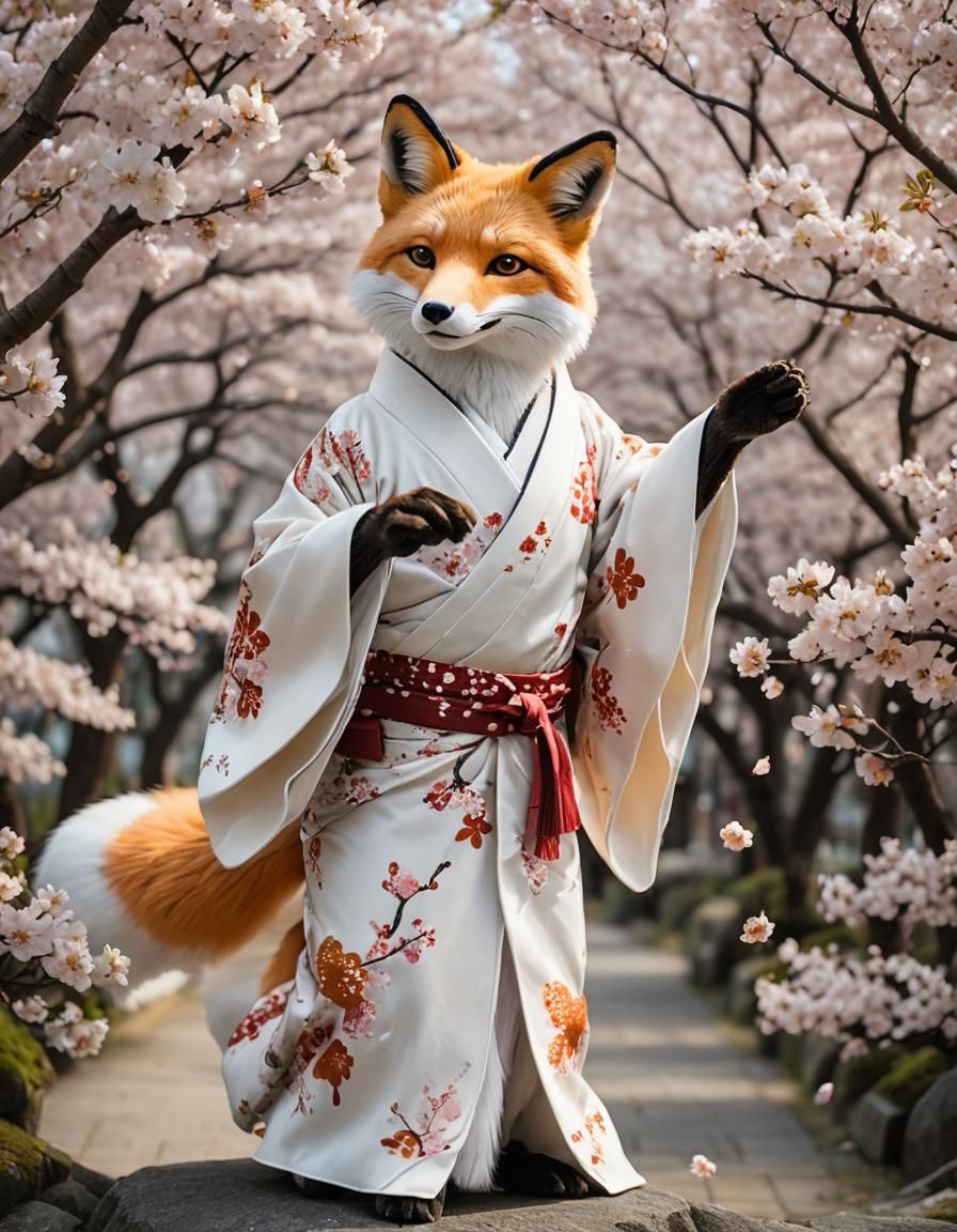 Elegant Kitsune Portrait in Kimono with Cherry Blossoms