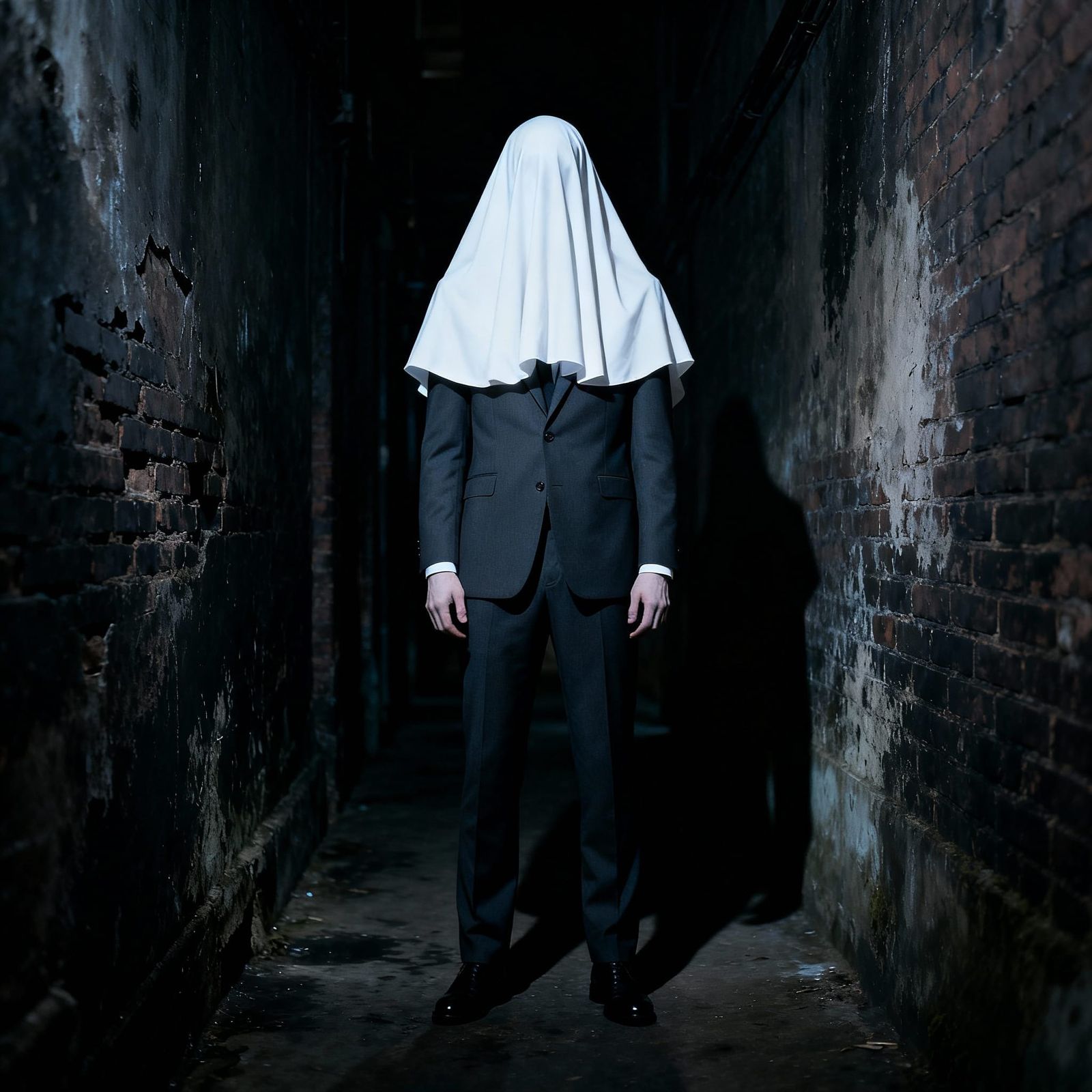 Eerie Photoshoot of Man with Shrouded Head in Dark Alley