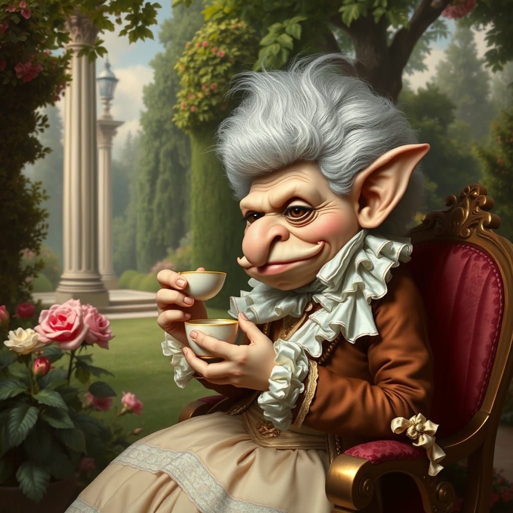 “A troll dressed in 18th-century French aristocratic fashion...
