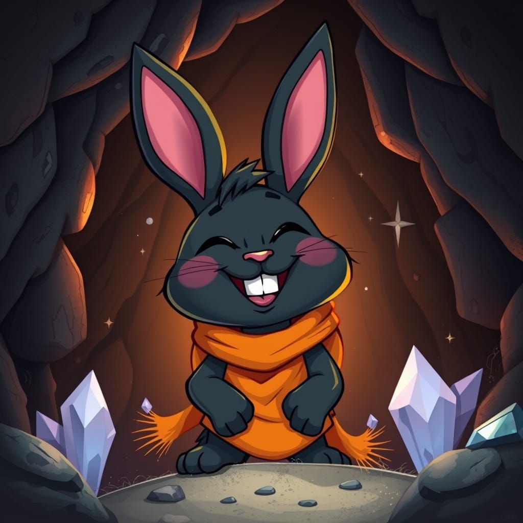 Cartoon Black Bunny Laughing in Crystal Cave