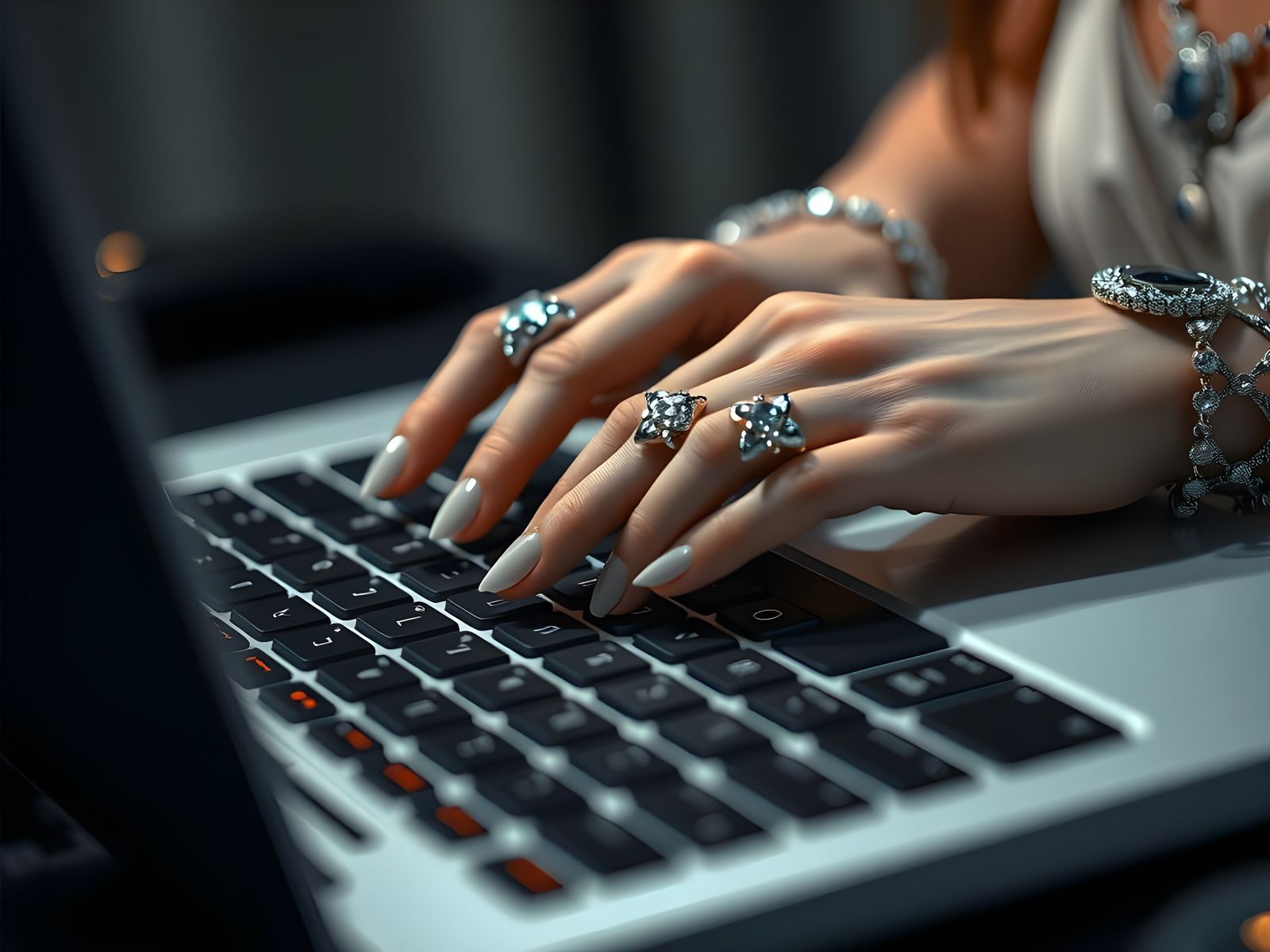 Female Hands Typing on Laptop Keyboard, Close-Up