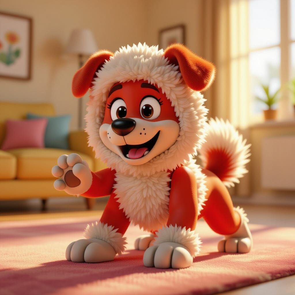 Lego Figure in Dog Furry Suit Poses in Living Room