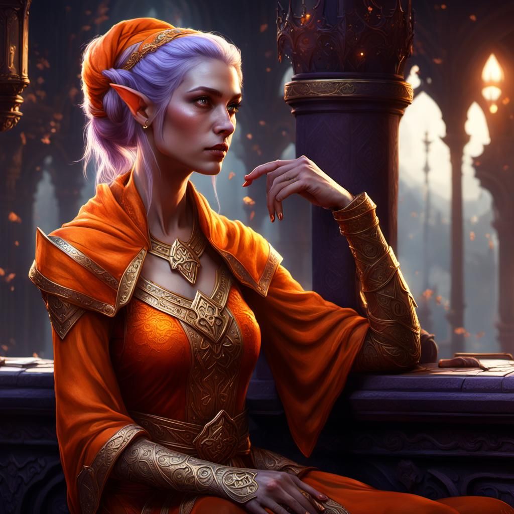 Fantasy Elf in Orange, Detailed Dark Art