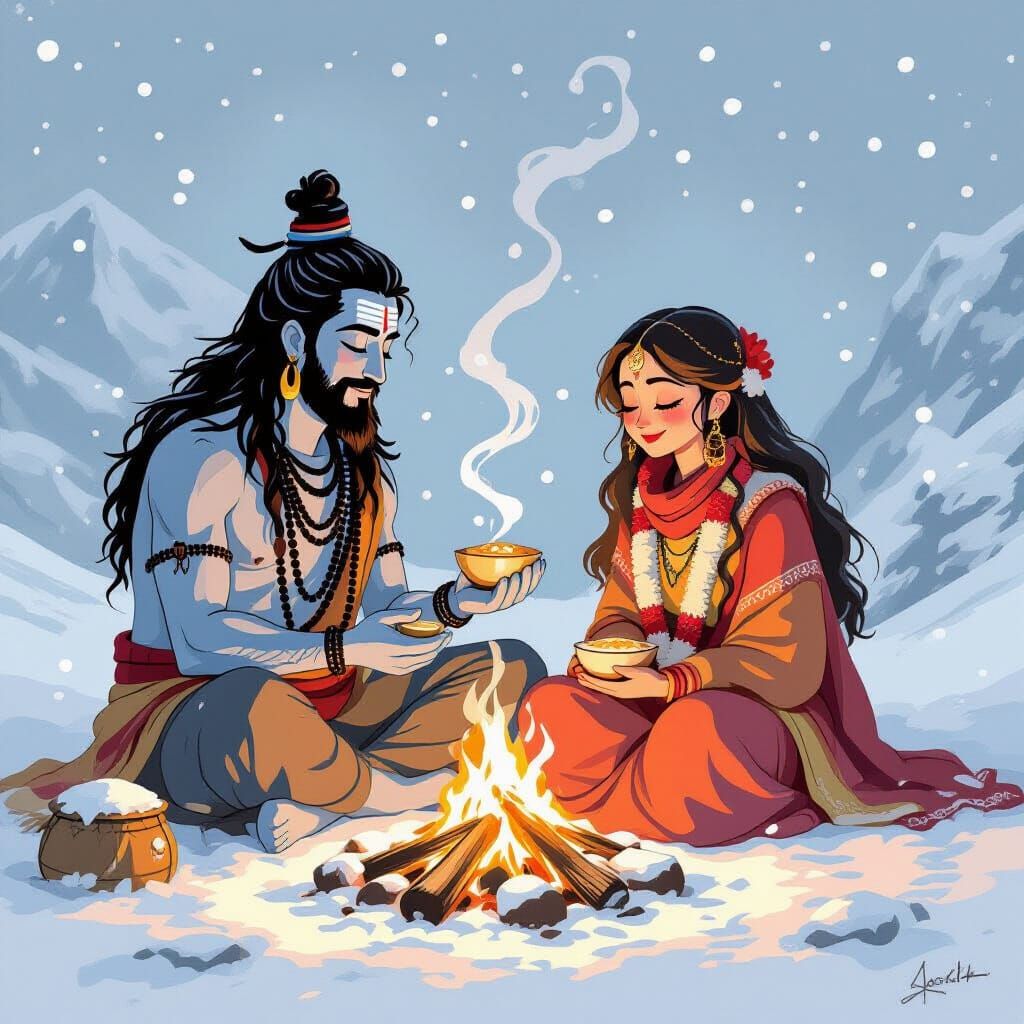 Shiva and Parvati: Cozy Bonfire Romance in Ghibli Style