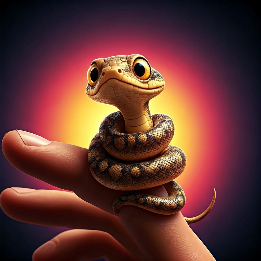Adorable Tiny Snake on Finger, Pixar-Inspired 3D Art