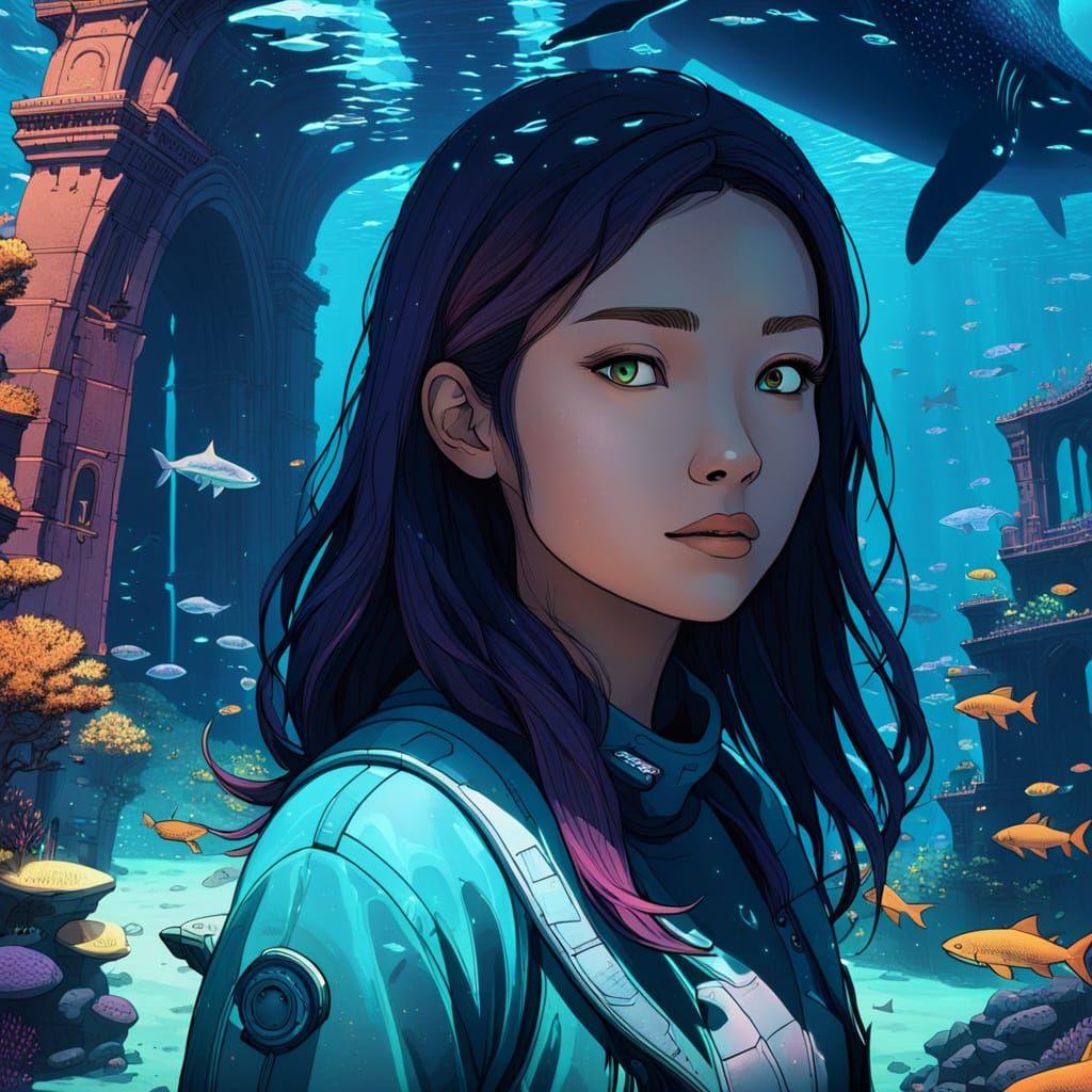 Bioluminescent Underwater City with Whale Shark