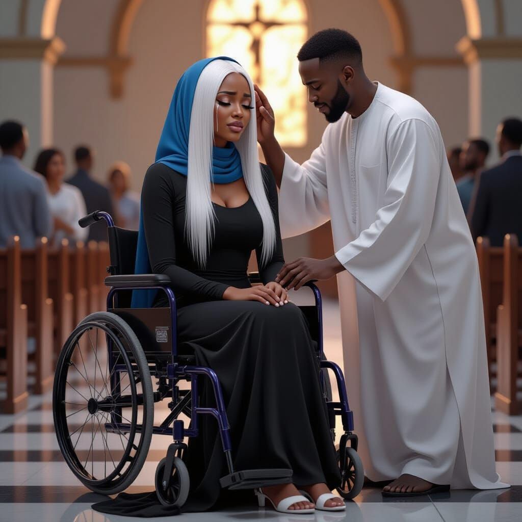 African Woman in Wheelchair Cries in Church