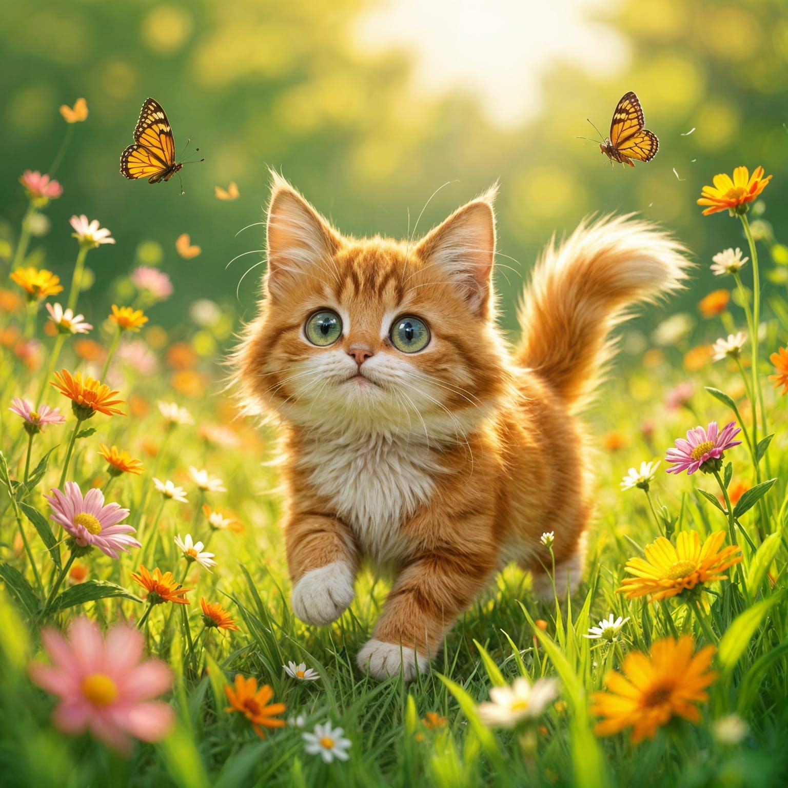 Orange Cat Chasing Butterflies in Ghibli-Style Meadow