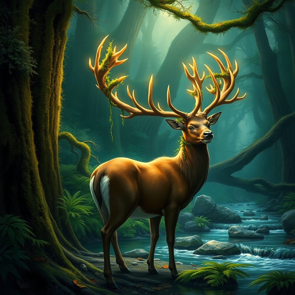 Deer Spirit in Ancient Forest, Dreamlike Illustration