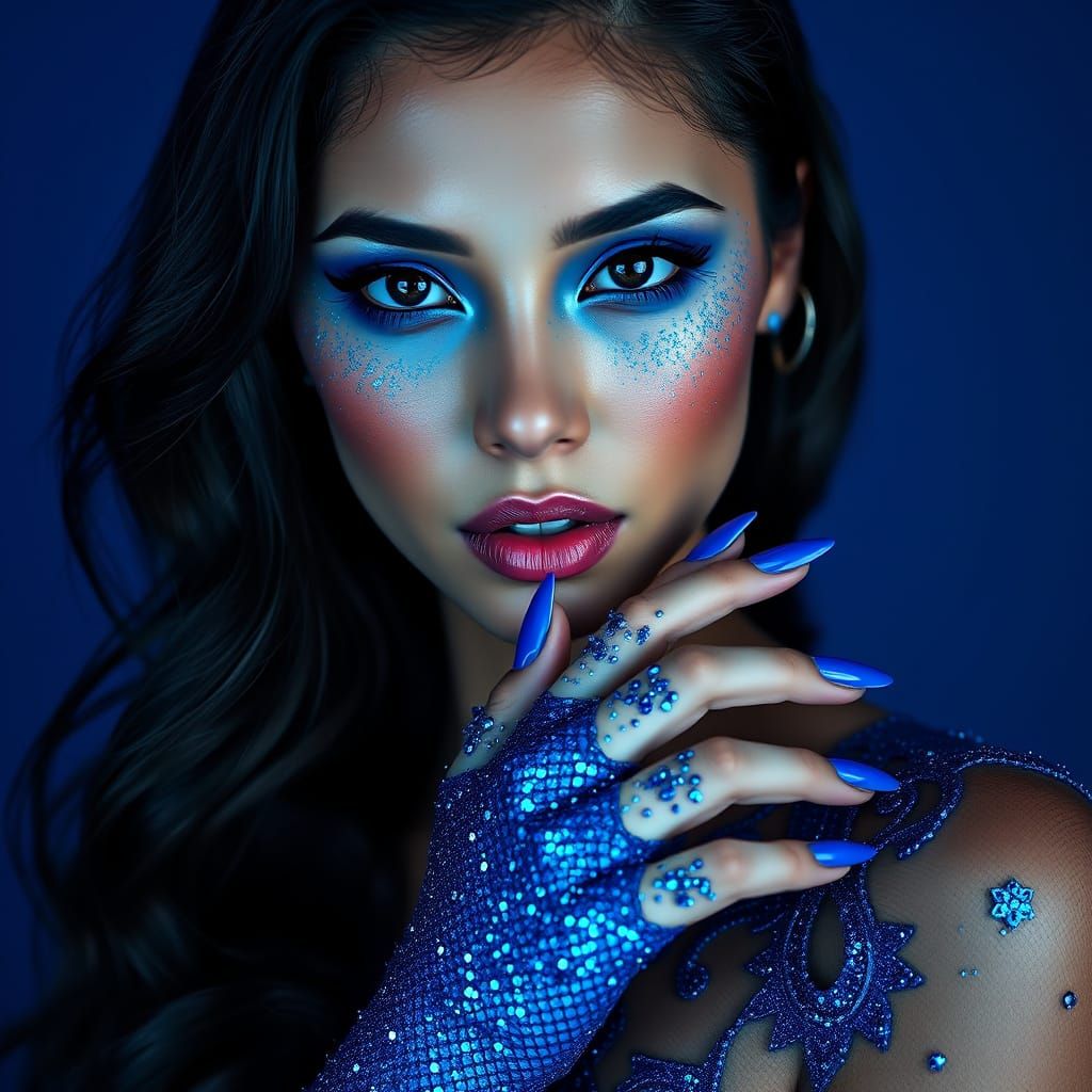 Hyper-Realistic Portrait of a Latina Woman in Iridescent Blu...