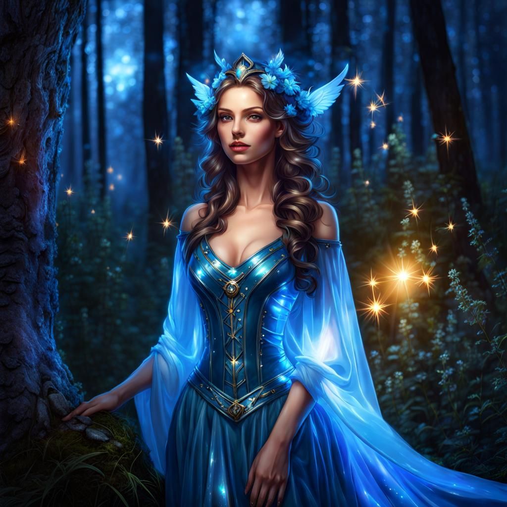 Enchantress in Glowing Latex in Magical Forest