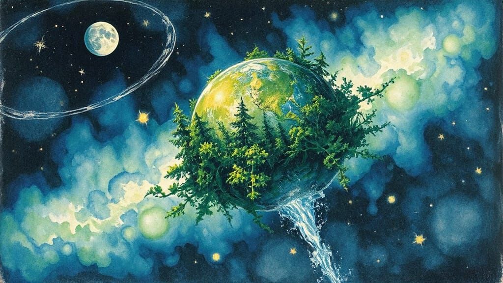 Lush Earth in Space: Watercolor and Fine Line Art