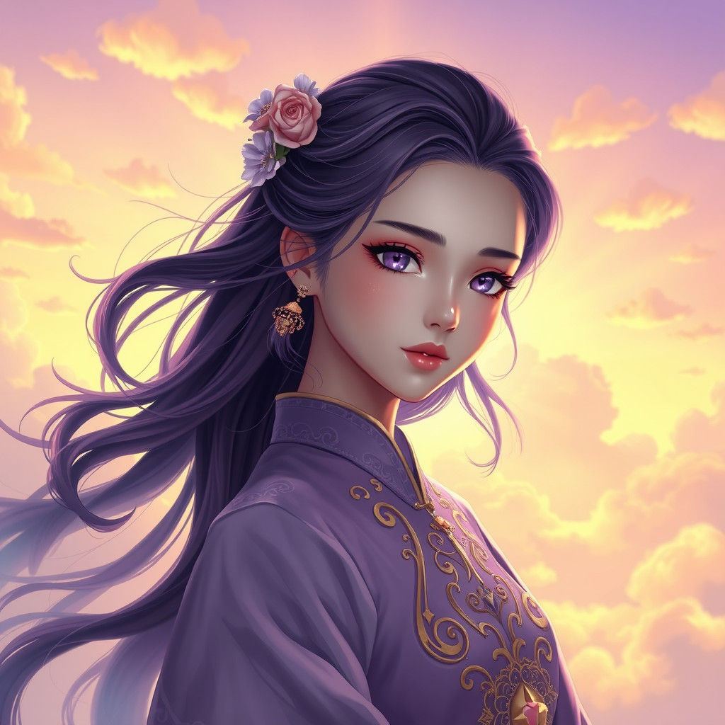 Anime Girl with Purple Hair in Fantasy Landscape