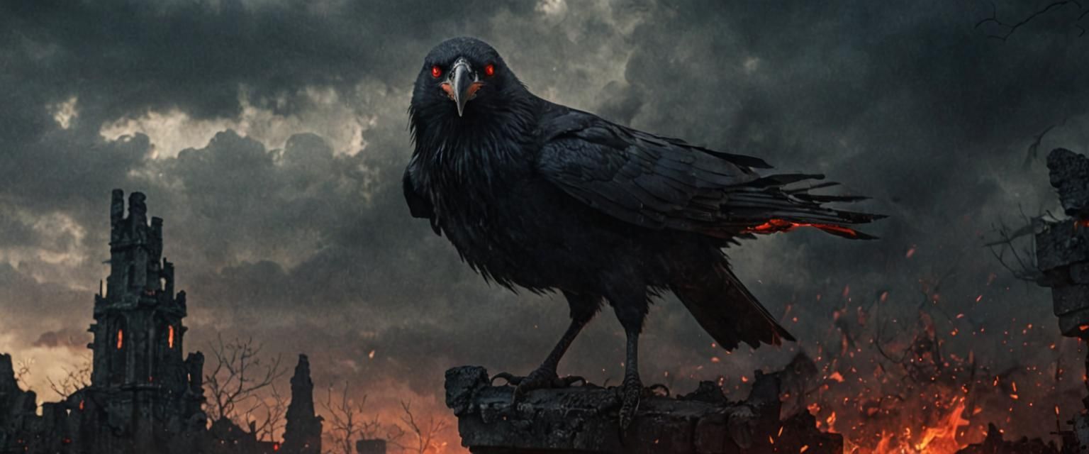Demonic Crow Portrait with Fire Wings