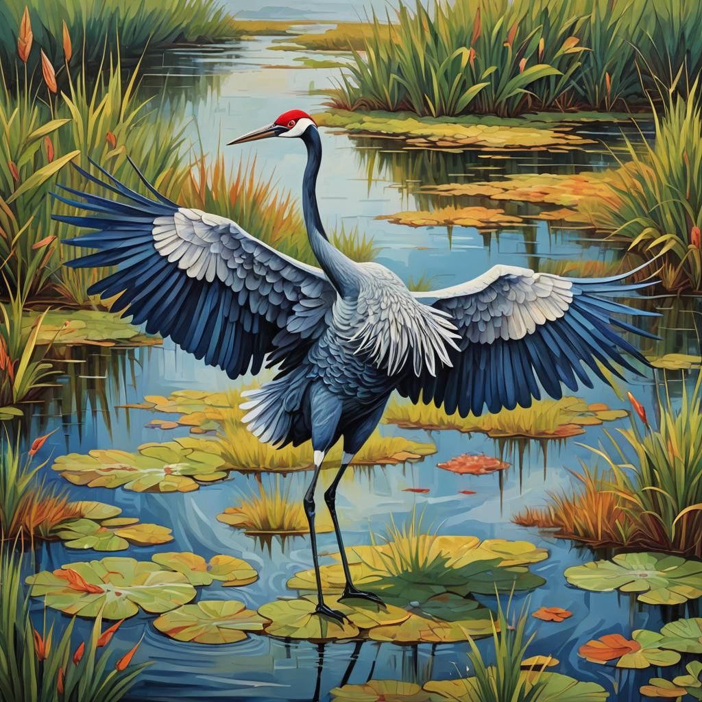 Crane Walking in Marsh as Impasto Oil Painting