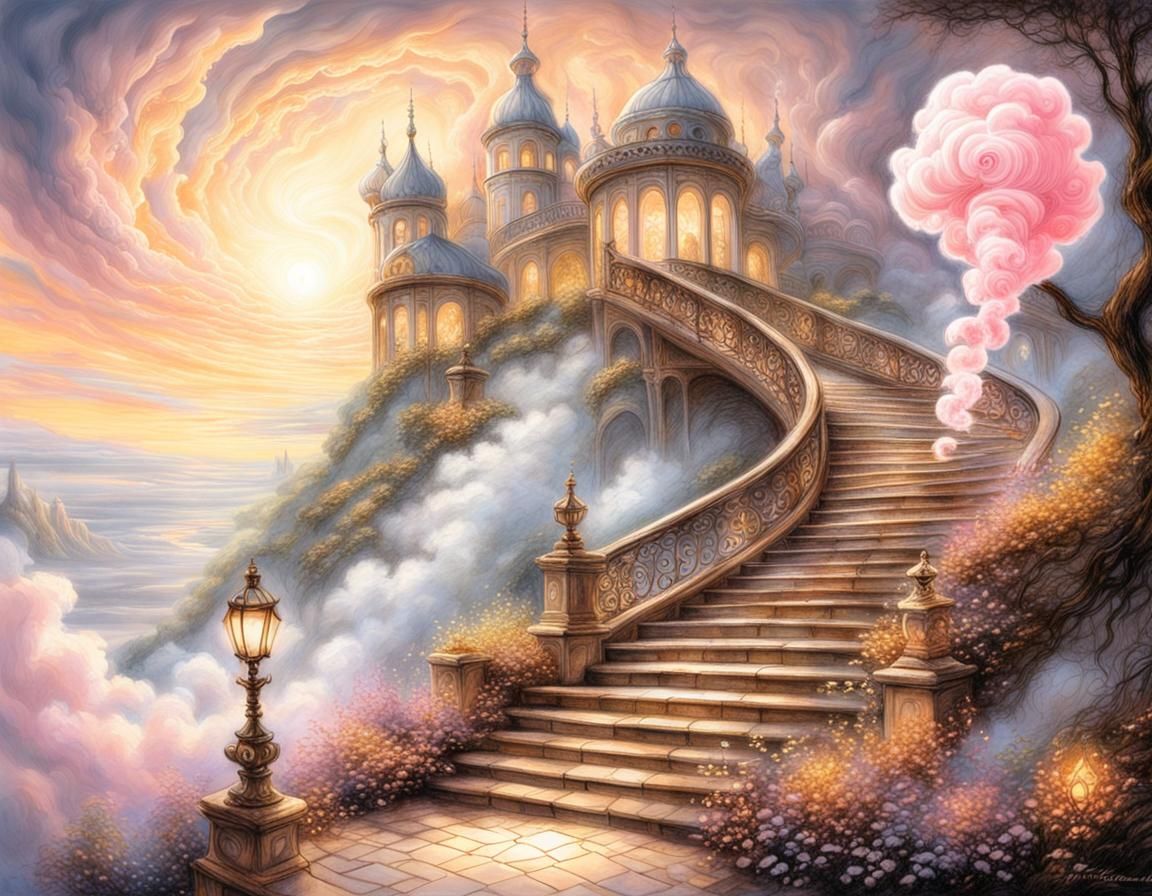 Mystical Staircase Ascending Into Clouds, Ethereal Pencil Sk...