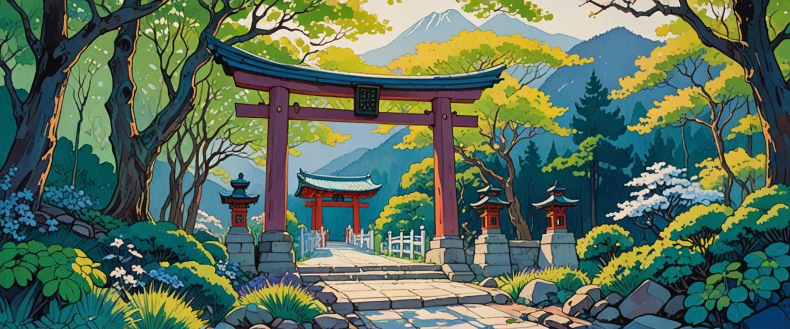 Watercolor Shinto Shrine Amidst Forest and Mountains