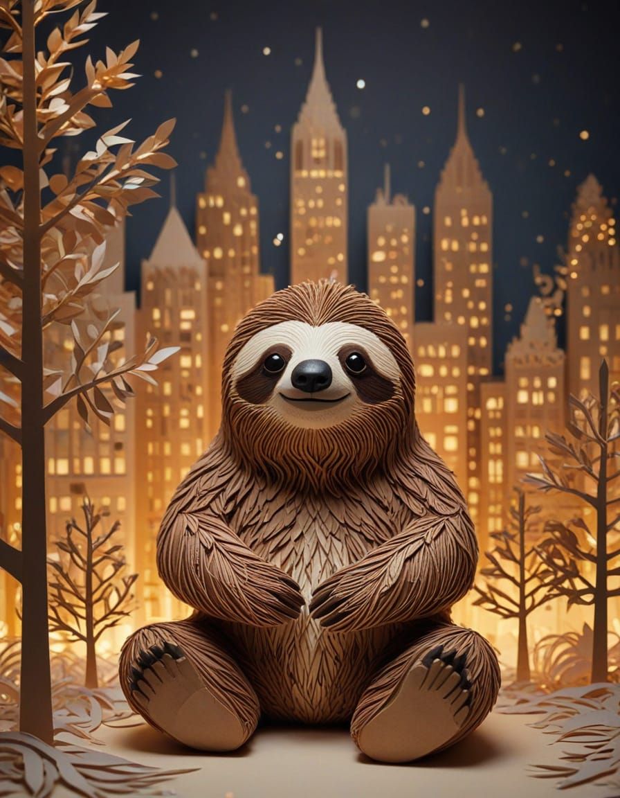 Whimsical Papercraft Sloth in Festive Cityscape