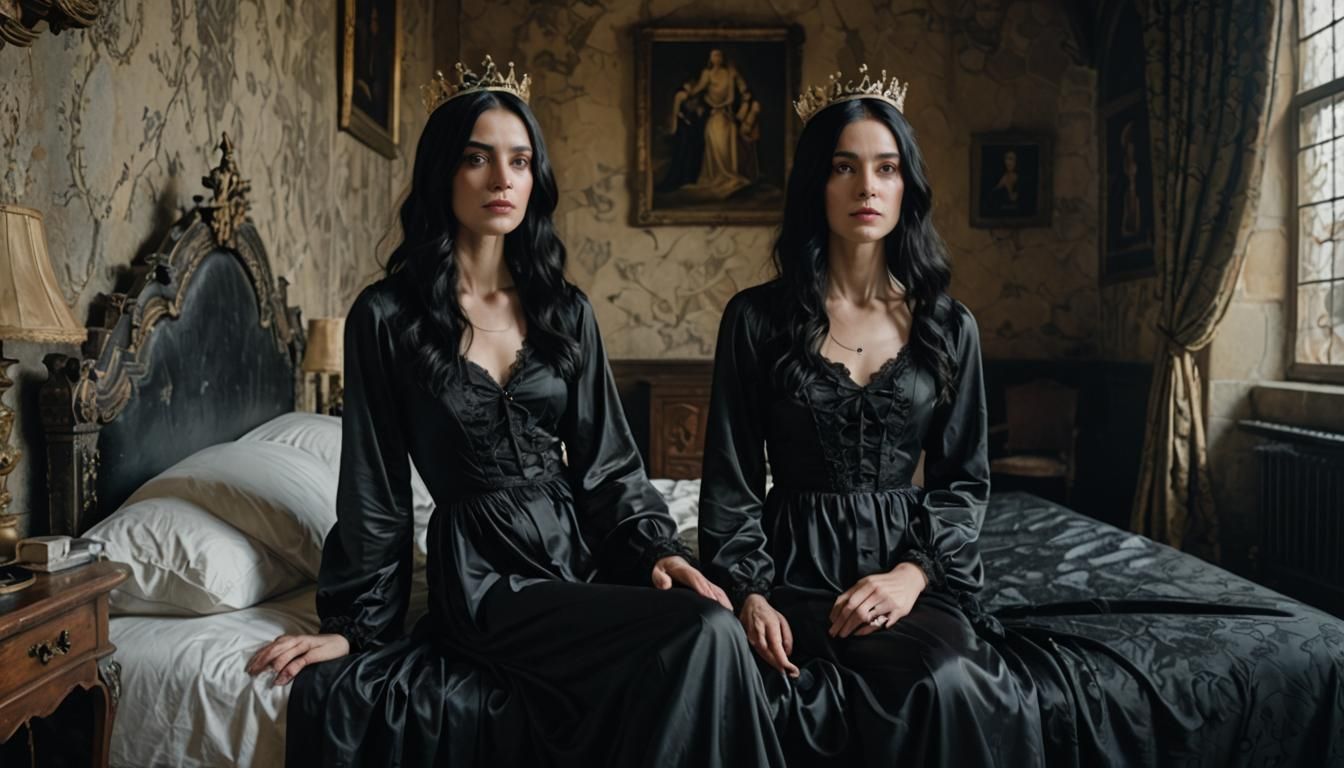 Gothic Queen in Black Silk Nightgown
