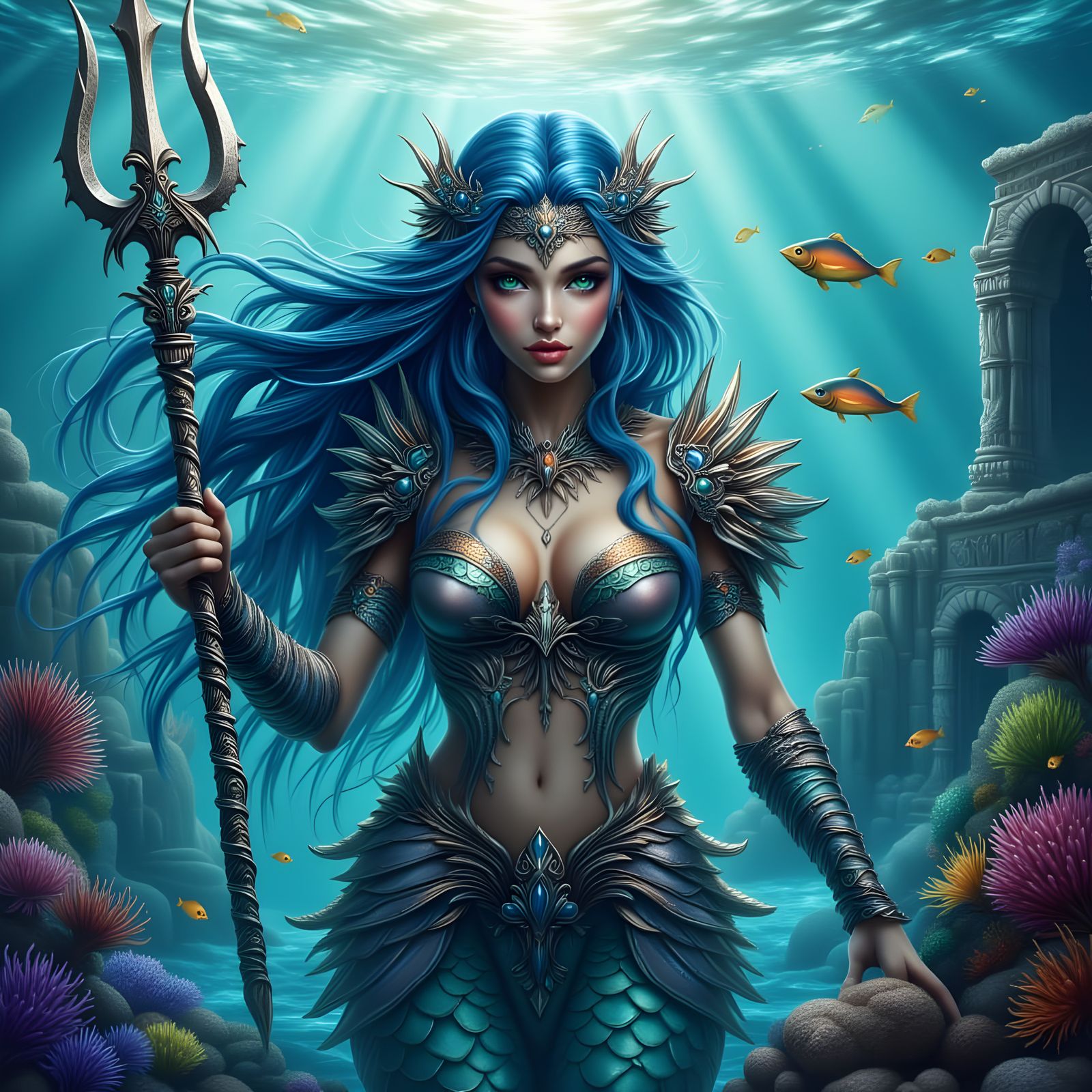Mermaid Warrior Rising from the Ocean Depths