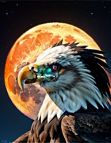 Bald Eagle and Full Moon Impasto Painting