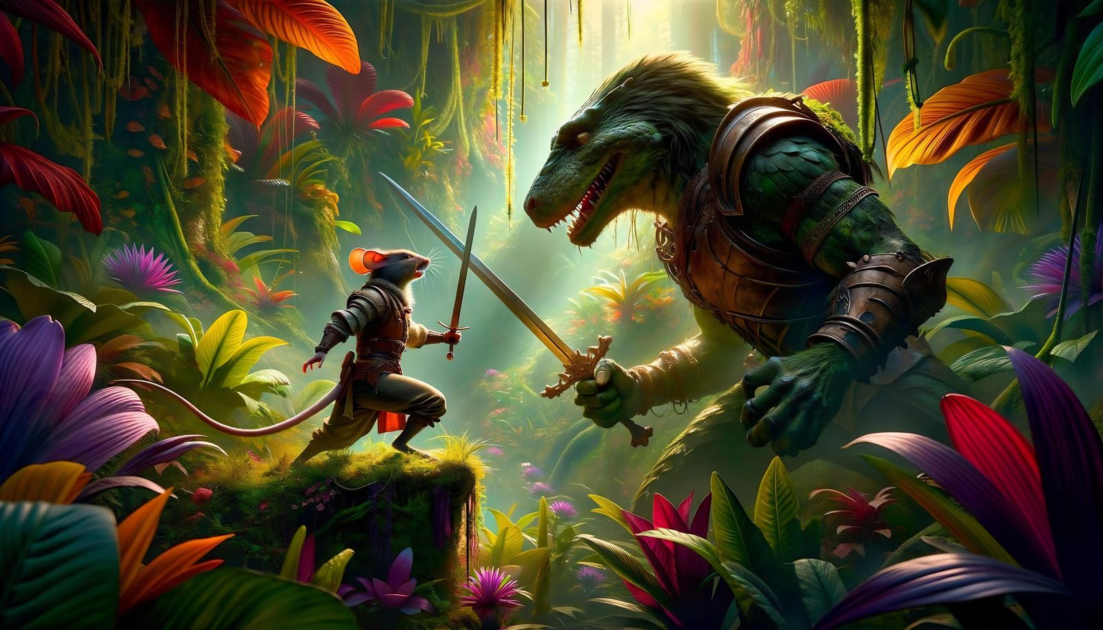 Forest Standoff: Mouse Warrior Confronts Reptilian Foe