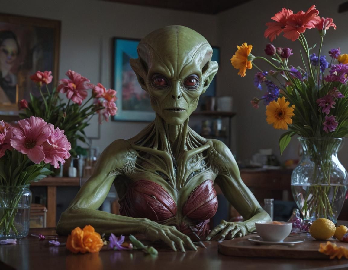 Alien Woman Portrait with Flowers in Oil Painting Style