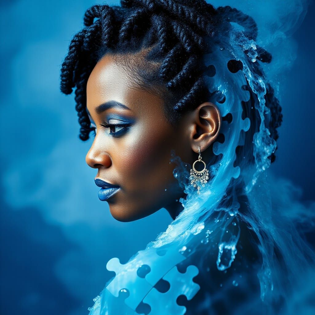 Blue Waterfall Woman: Surreal Monochrome Portrait