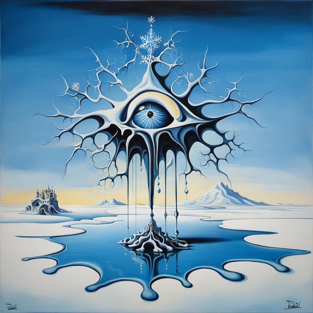 Surreal Snowflake Melting: Salvador Dali Style Oil Painting