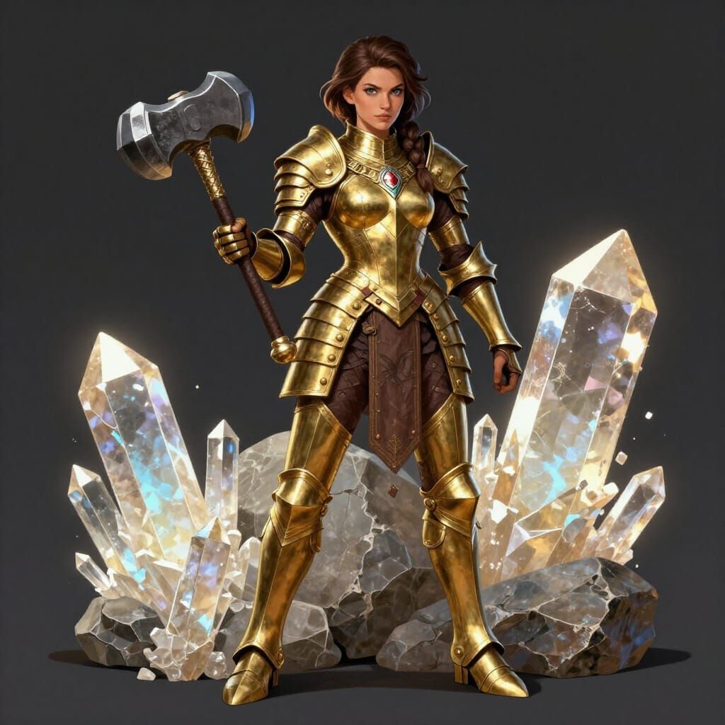 Muscular Warrior Woman in Brass Armor with War Hammer