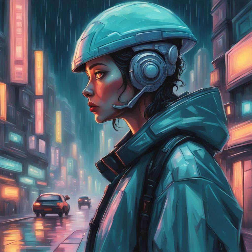 Cyberpunk Female Protagonist in Rainy Cityscape