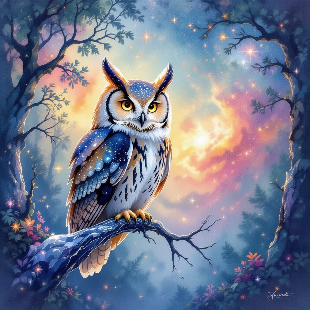 Galactic Owl in Cosmic Forest Watercolor