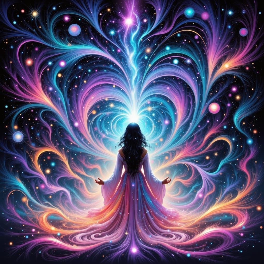 Inanna Weaving Timelines in Astral Mysticism Style