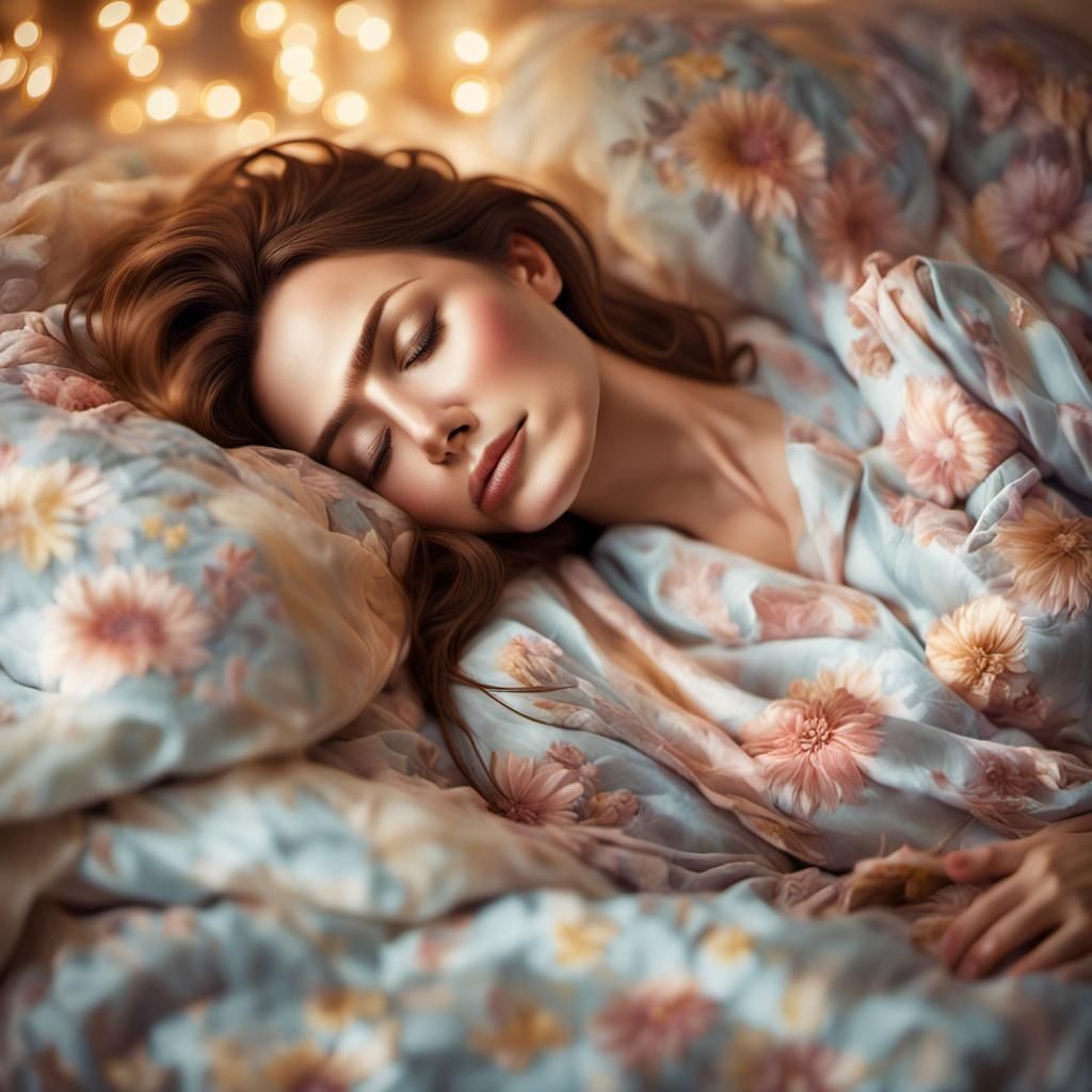 Girl with Brown Hair in Bed, Dreamy Pastel Portrait