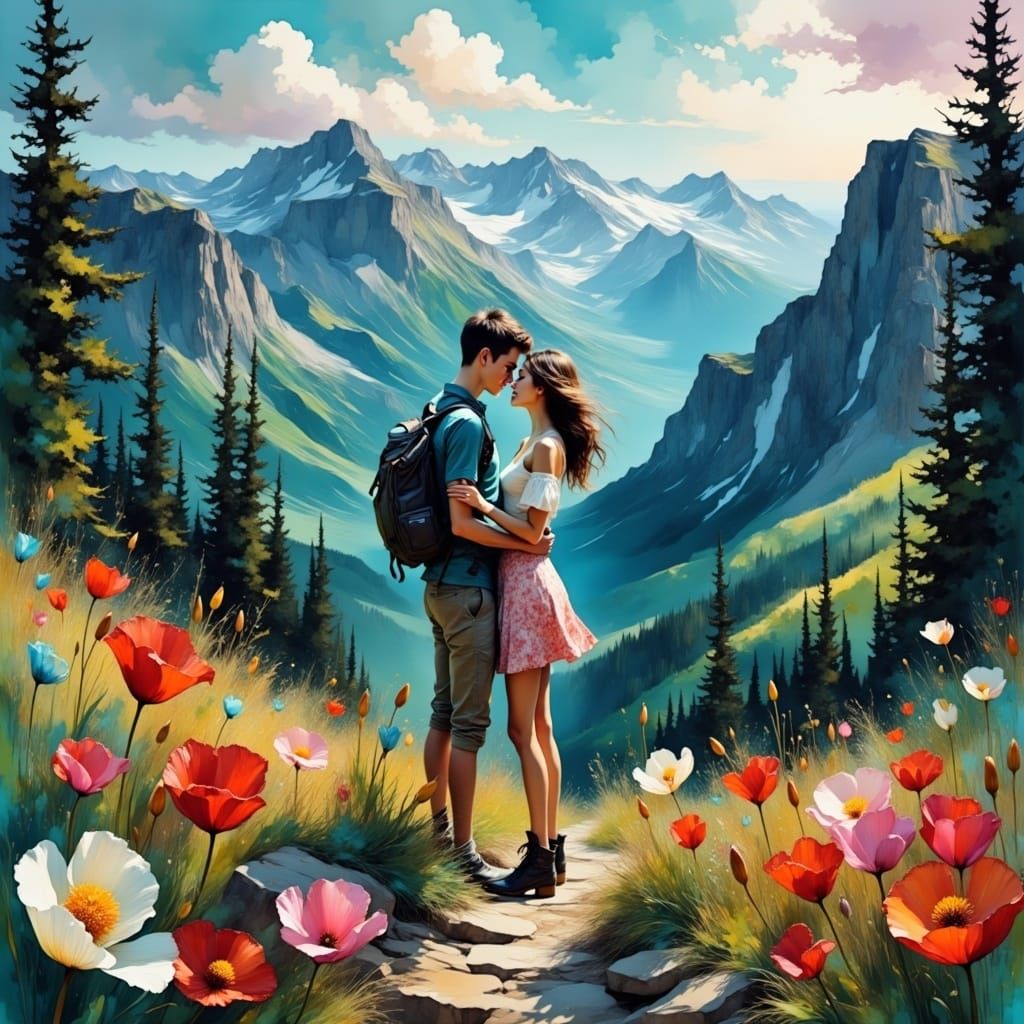 Dreamlike Whimsy: Young Lovers Amidst Vibrant Wildflowers