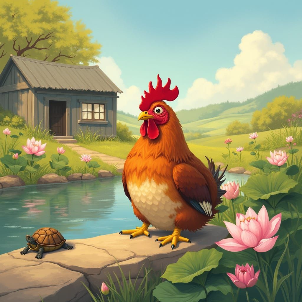 Peaceful Farm Landscape with Turtle and Rooster