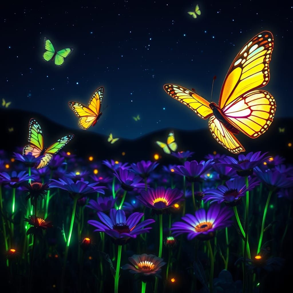 Fluorescent Butterflies and Flowers at Night