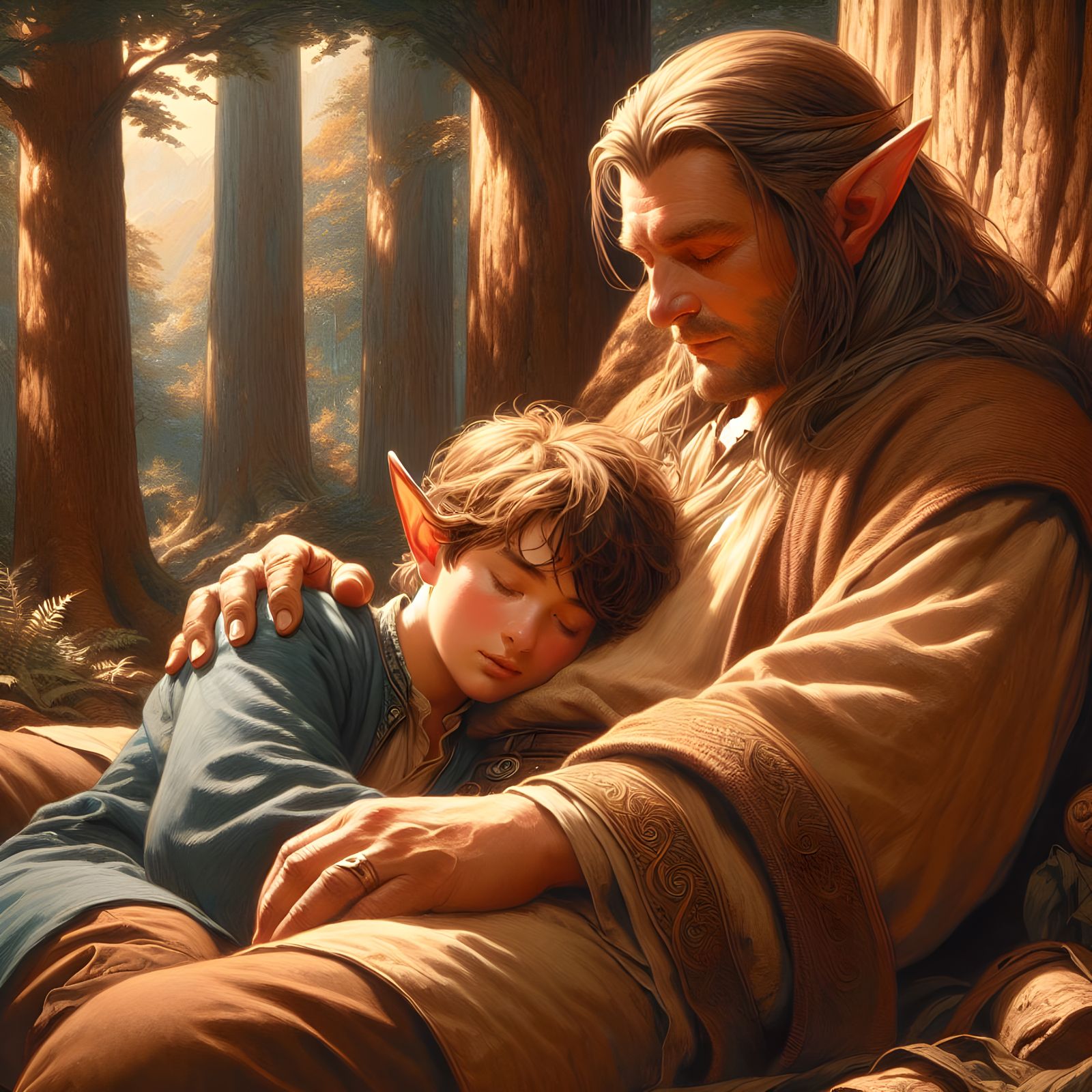 Elven Father and Son Bond in a Vibrant Late Romantic Forest