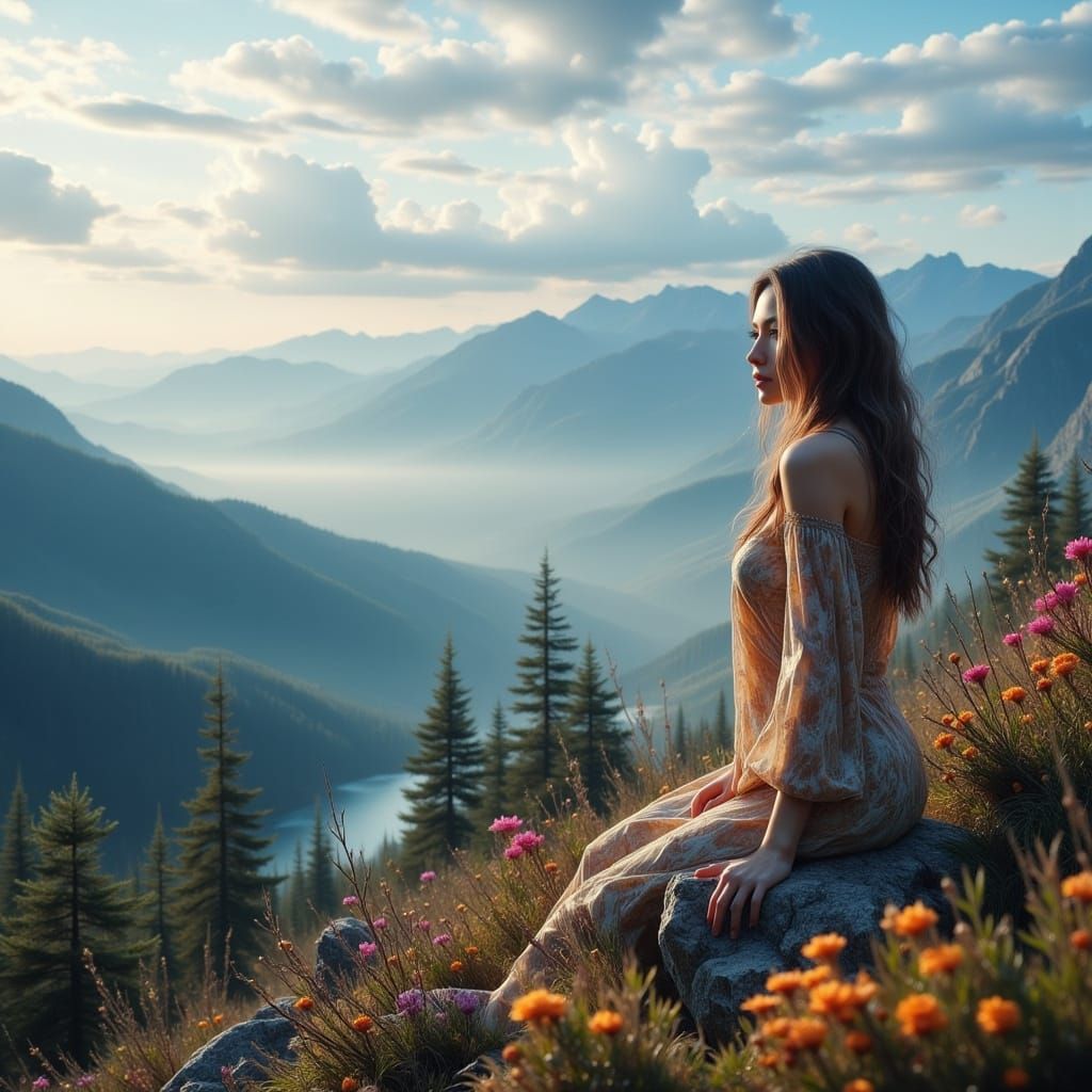 Woman on Mountain Summit with Ethereal Skyline