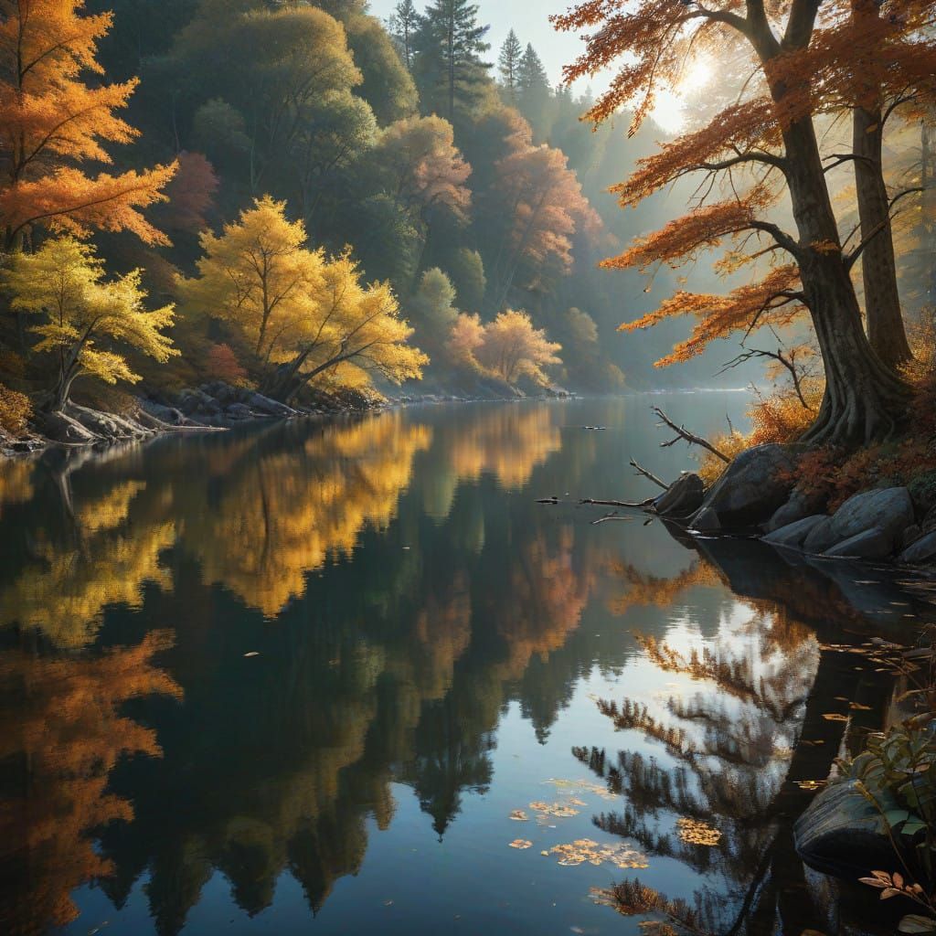 Autumn Lake Serenity in Photorealistic Style