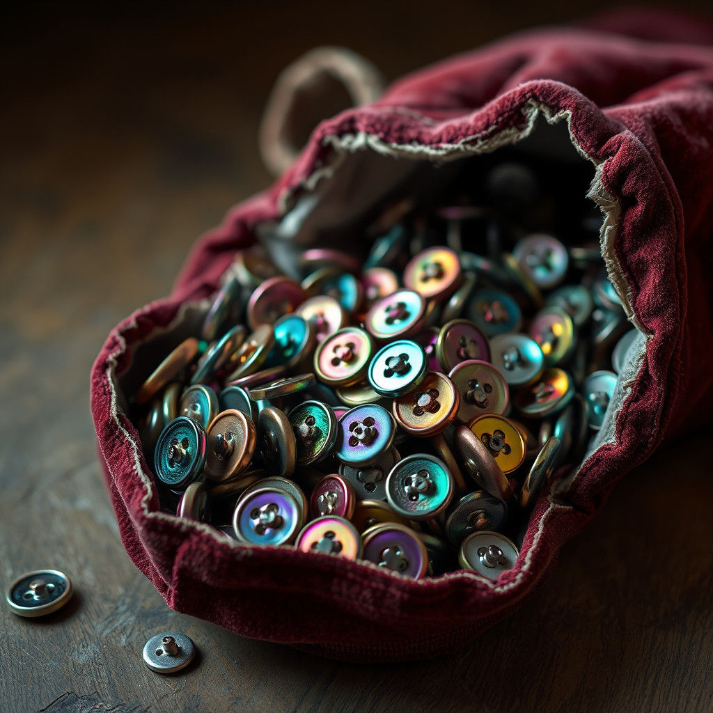 Iridescent Buttons Overflowing from Velvet Bag: Hyperrealist...