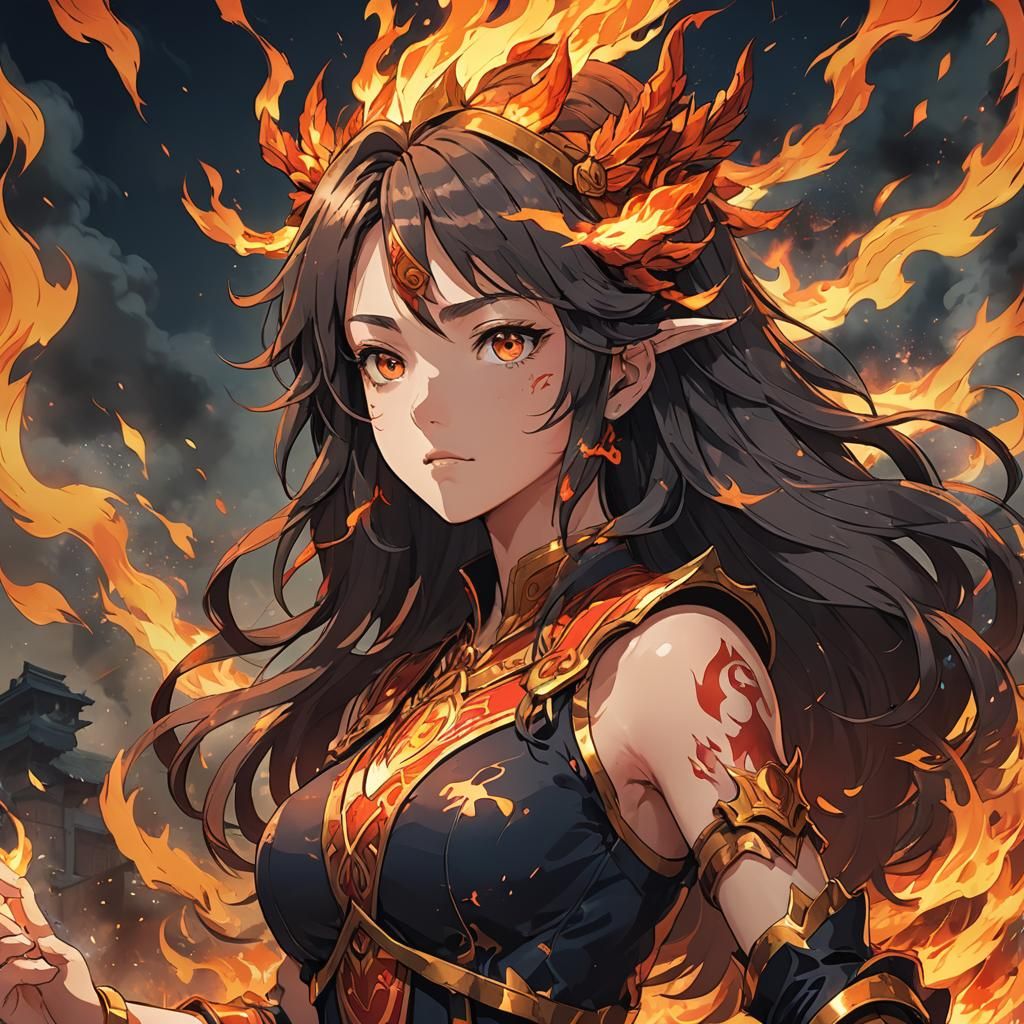 Anime Girl as Fire God in Cel-Shaded Style