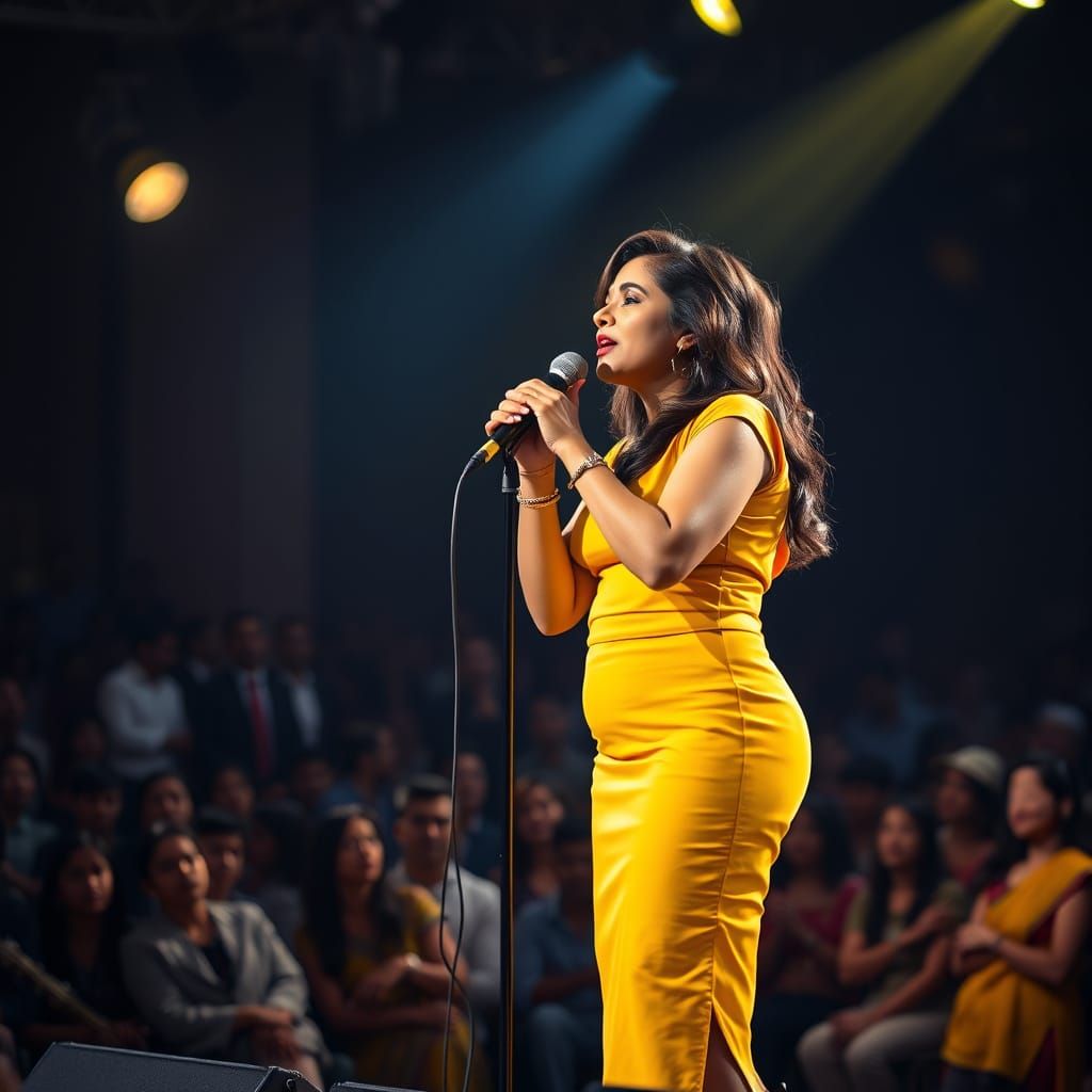 Indian Woman Sings Passionately on Stage in Yellow