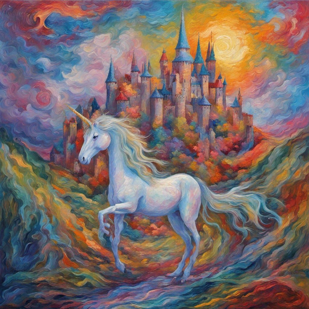 Magical Oil Painting with Unicorn, Elves, and Dragon