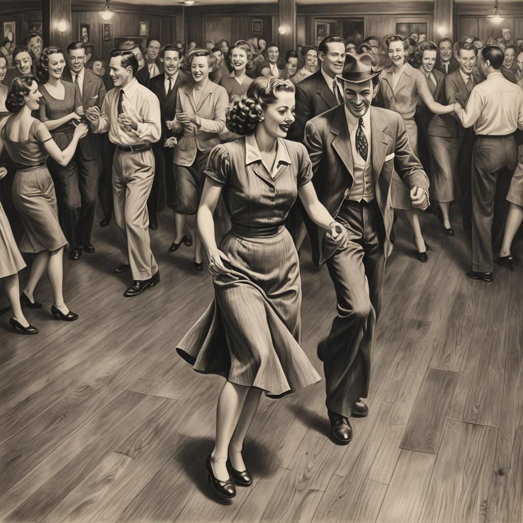 Swing Dancing Couples in 1940s Charcoal Drawing