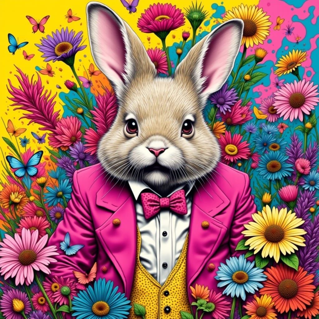 Mischievous Bunny Wreaks Havoc in Pop Art Meadow