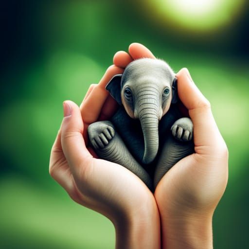 Hyperrealistic Tiny Elephant in Palm of Hand