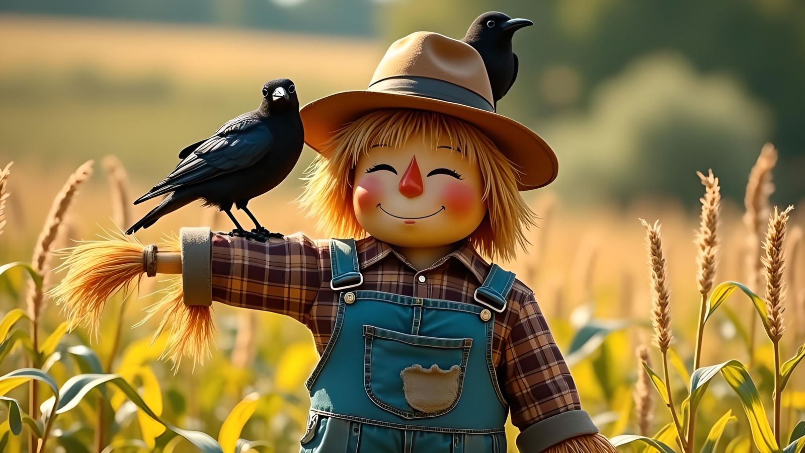 Friendly Scarecrow with Crows in Cornfield