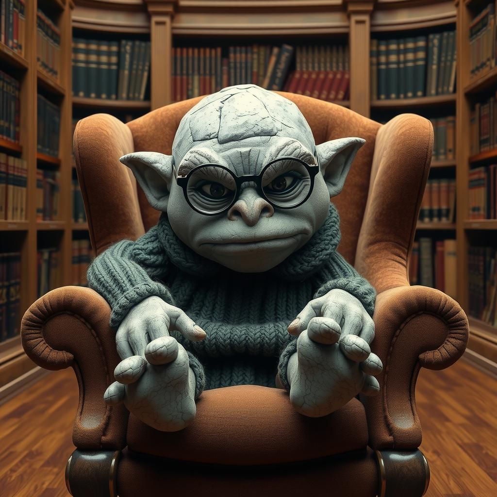 Anxious Rock Troll in Cozy Library, Photorealistic