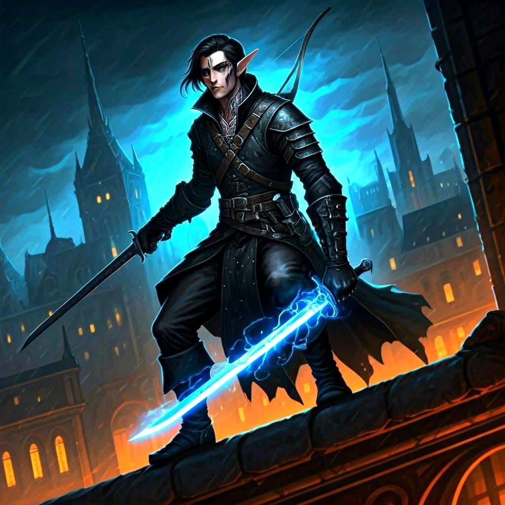 Half-Elf Rogue on Rooftop with Lightning Sword